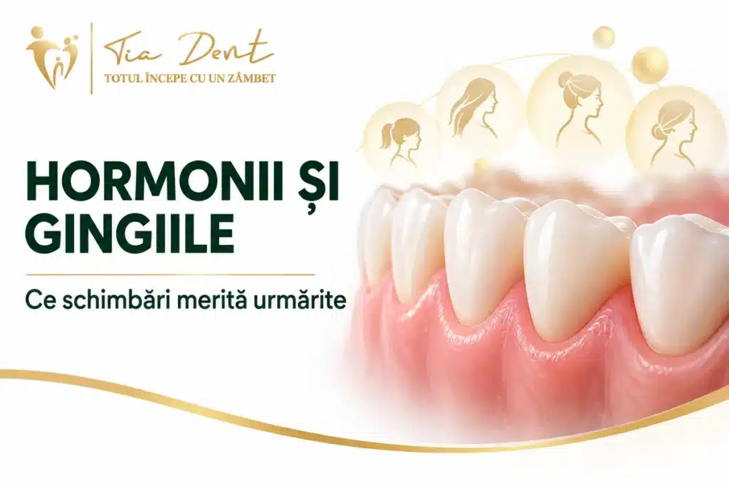 Dinți și gingii alături de siluete care ilustrează etape ale vieții.