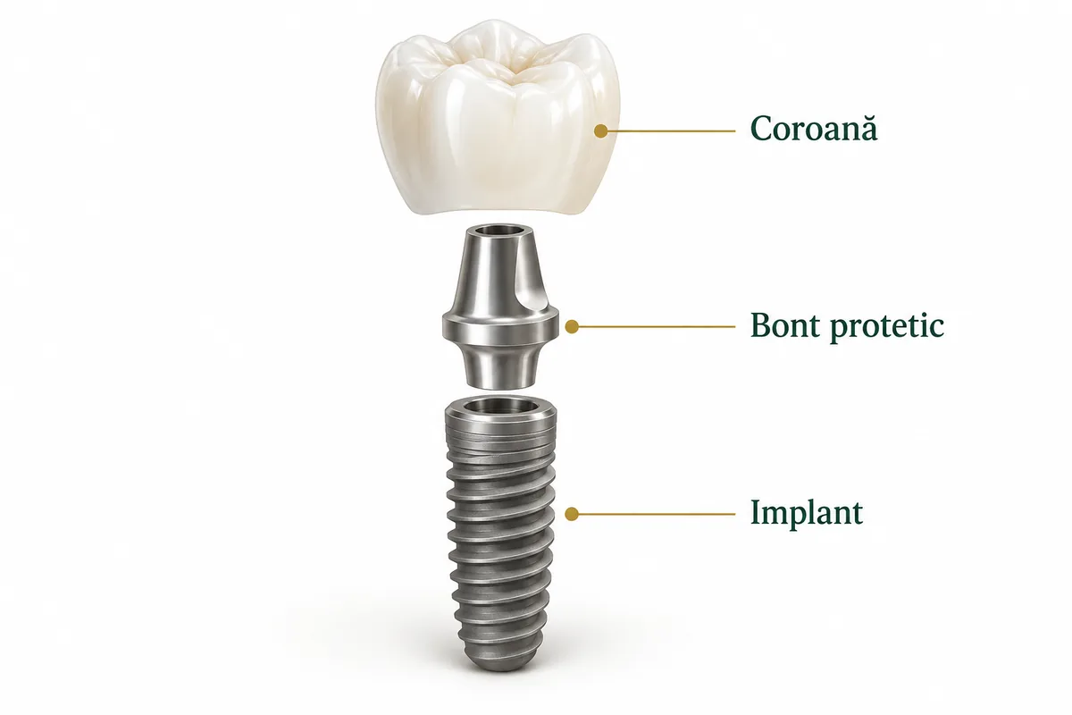 Componentele unei restaurări pe implant: coroană, bont protetic și implant.
