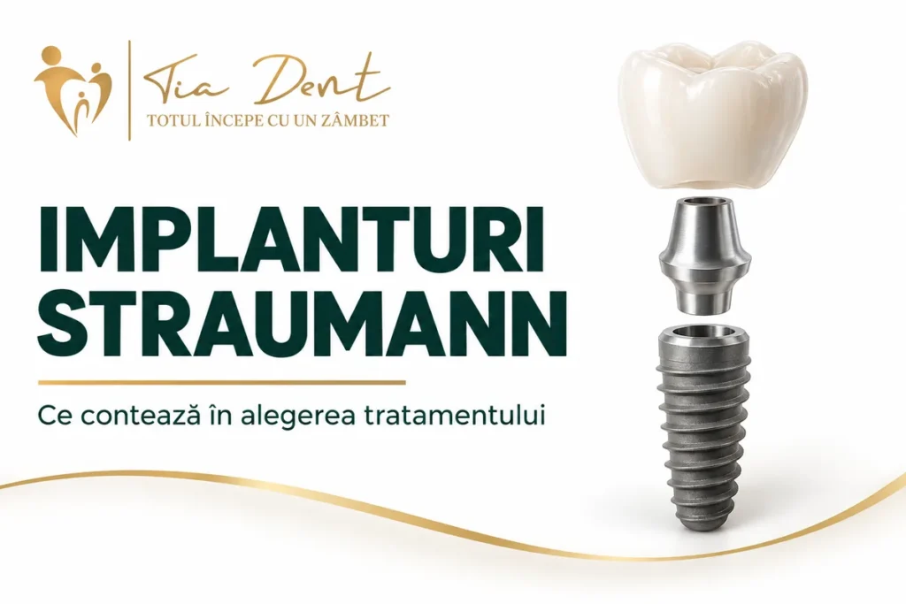 Implant dentar generic, bont și coroană, ilustrând componentele unei restaurări.