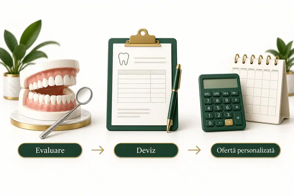 Evaluare dentară, deviz și ofertă personalizată, prezentate în trei etape.