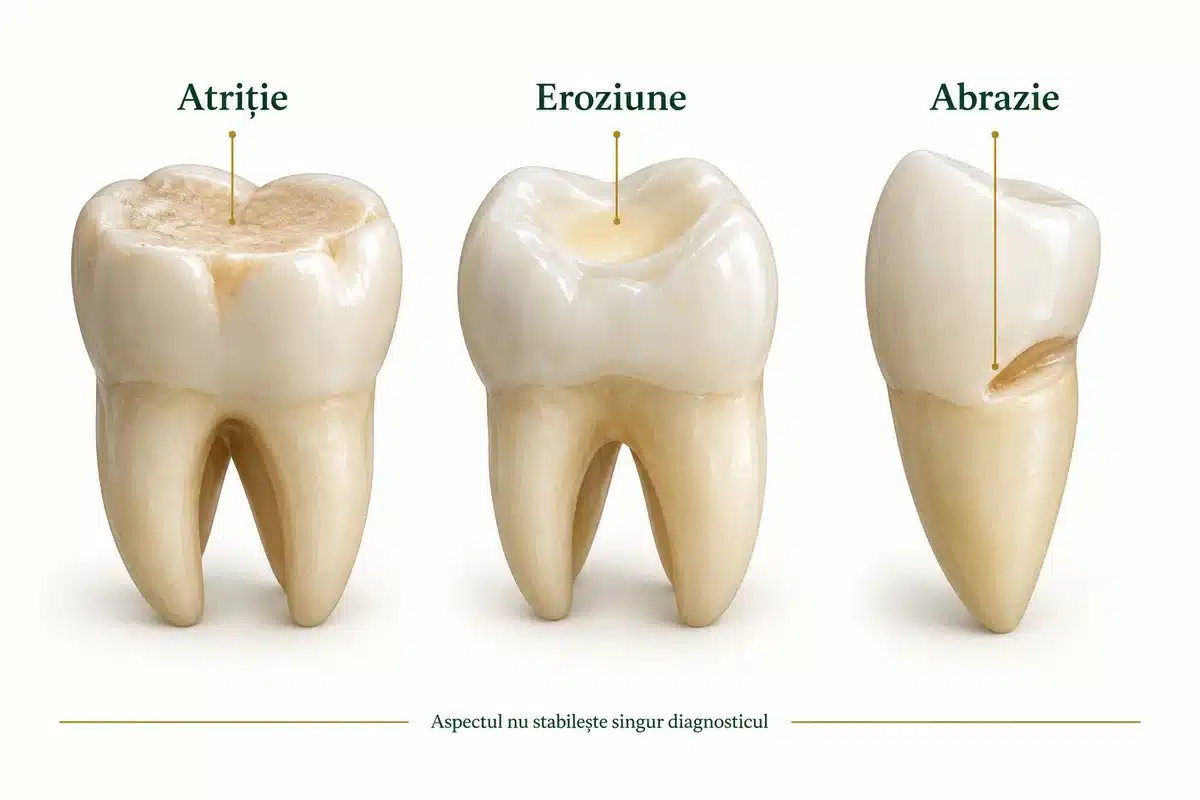 Exemple schematice de atriție, eroziune și abrazie dentară.