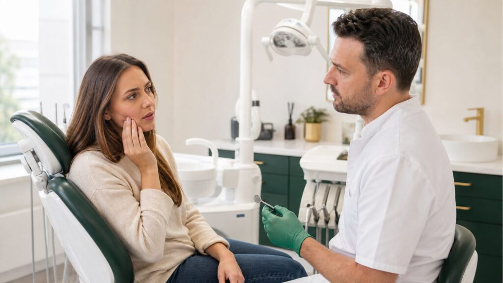 Pacientă discutând cu medicul despre simptome apărute după implant dentar