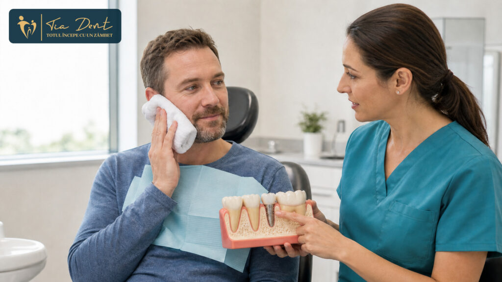 Pacient cu compresă rece, primind explicații despre recuperarea după implant dentar