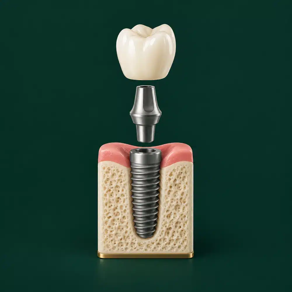Ilustrație a componentelor unui implant dentar: coroană, bont protetic și implant în os.