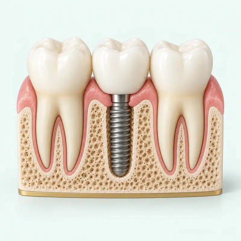 Secțiune ilustrativă a unei coroane pe implant, cu osul și gingia din jur, între doi dinți naturali.