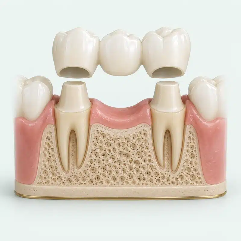 Punte dentară din trei elemente, aliniată deasupra a doi dinți naturali pregătiți.