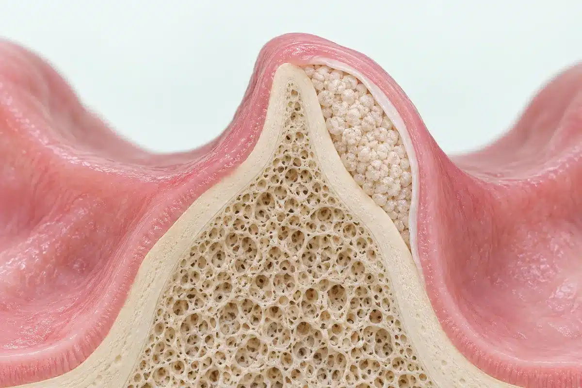 Model în secțiune al unei creste alveolare, cu material de augmentare lateral și membrană de protecție.