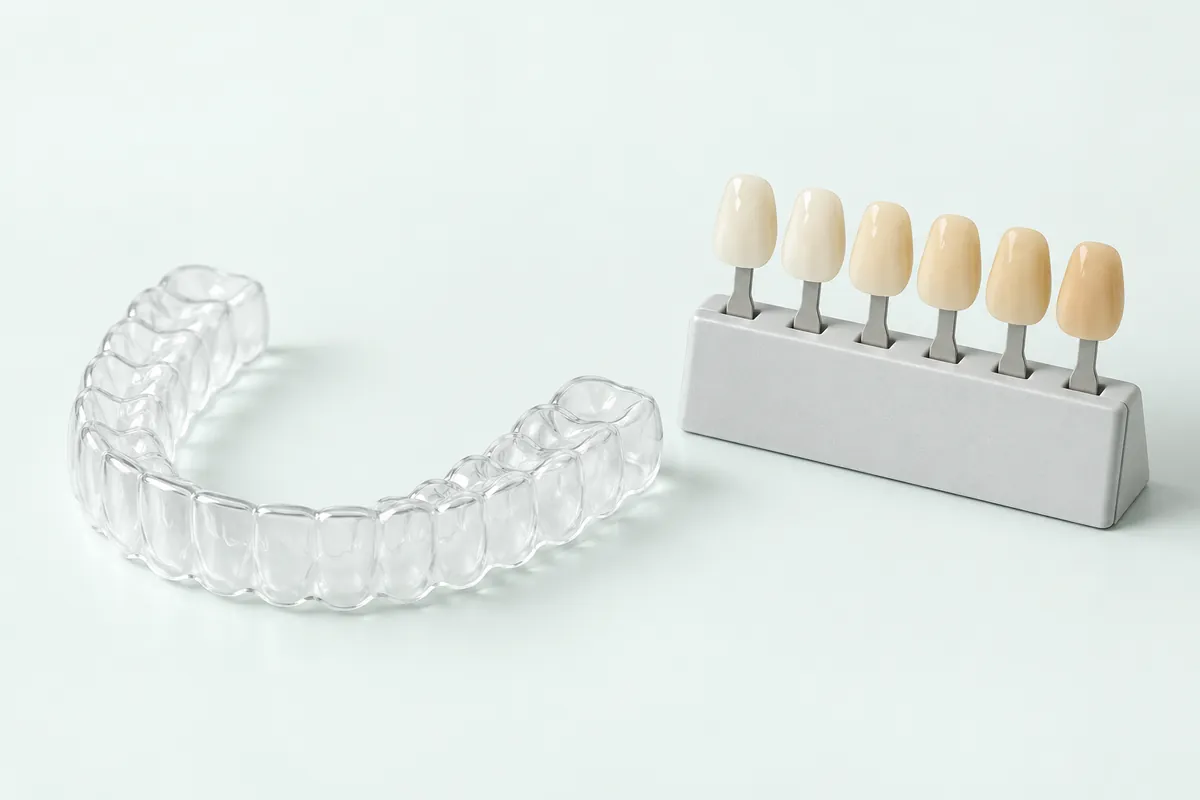 Gutieră dentară transparentă și cheie de culori cu nuanțe naturale ale dinților.
