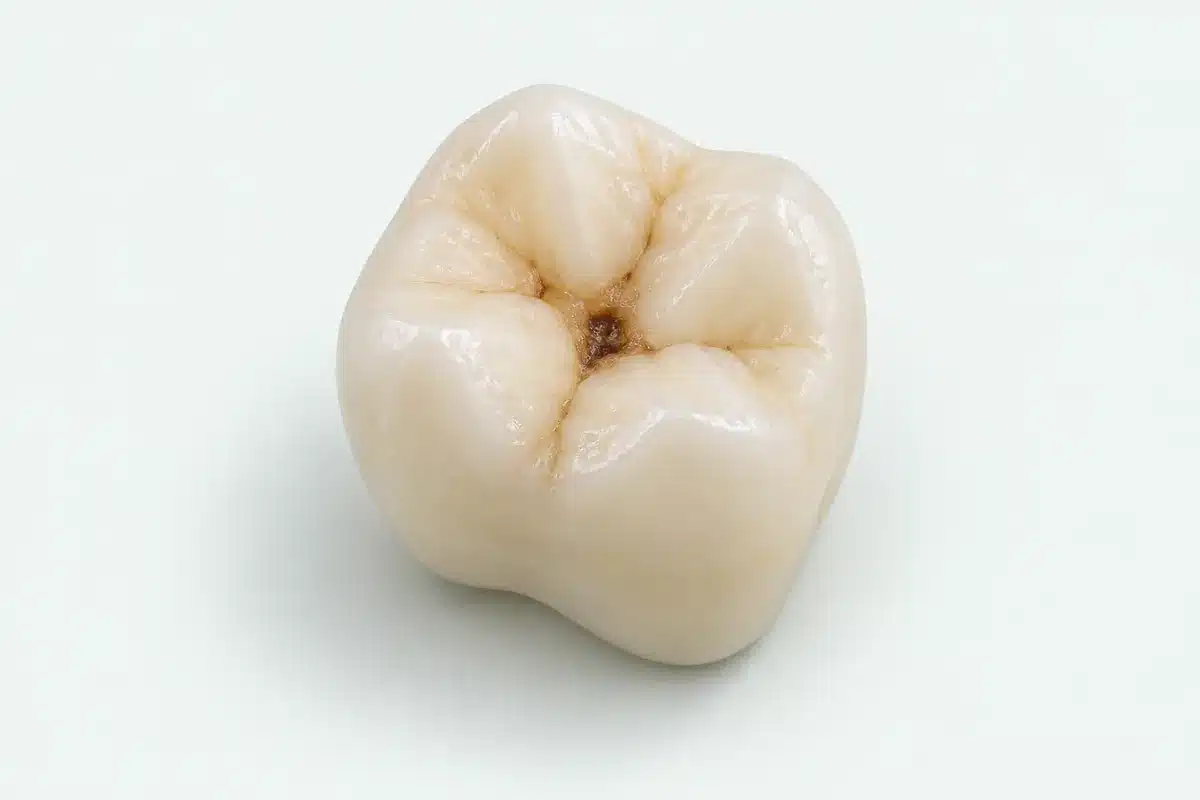 Model al unui molar cu o leziune carioasă localizată pe suprafața de masticație.