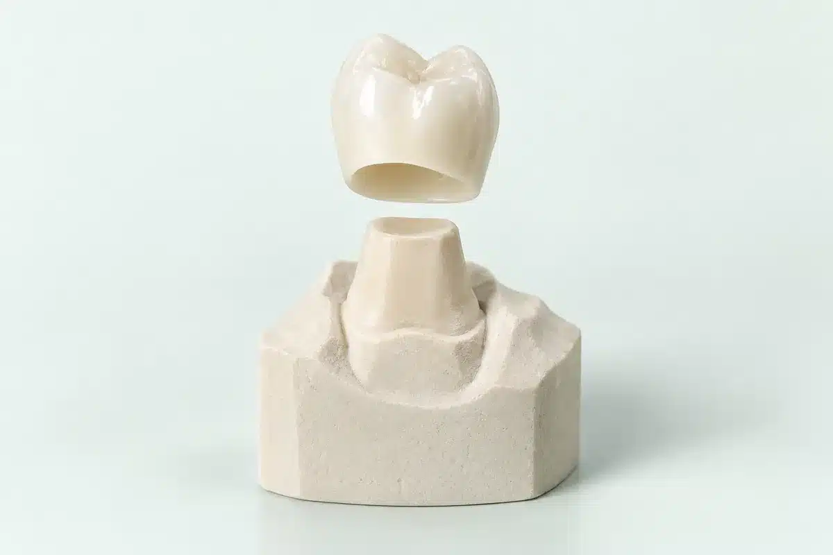 Coroană ceramică separată de bontul dentar preparat al unui model de laborator.