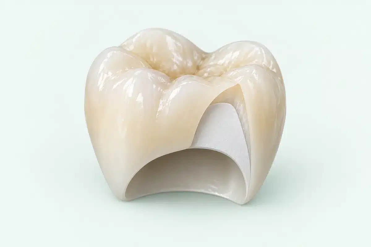 Model de coroană dentară cu suport alb din zirconiu și strat exterior de ceramică.