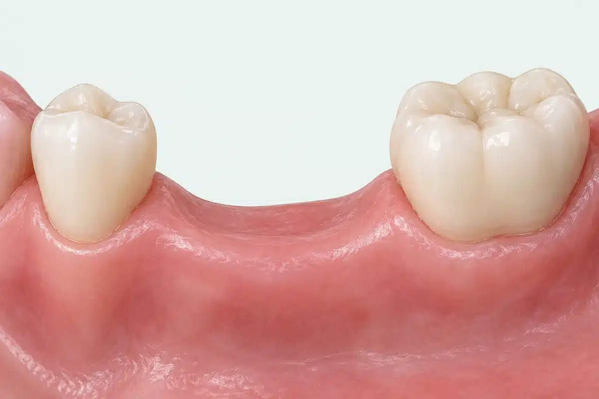 Model al unei zone laterale a mandibulei cu un molar lipsă între doi dinți și gingie vindecată.