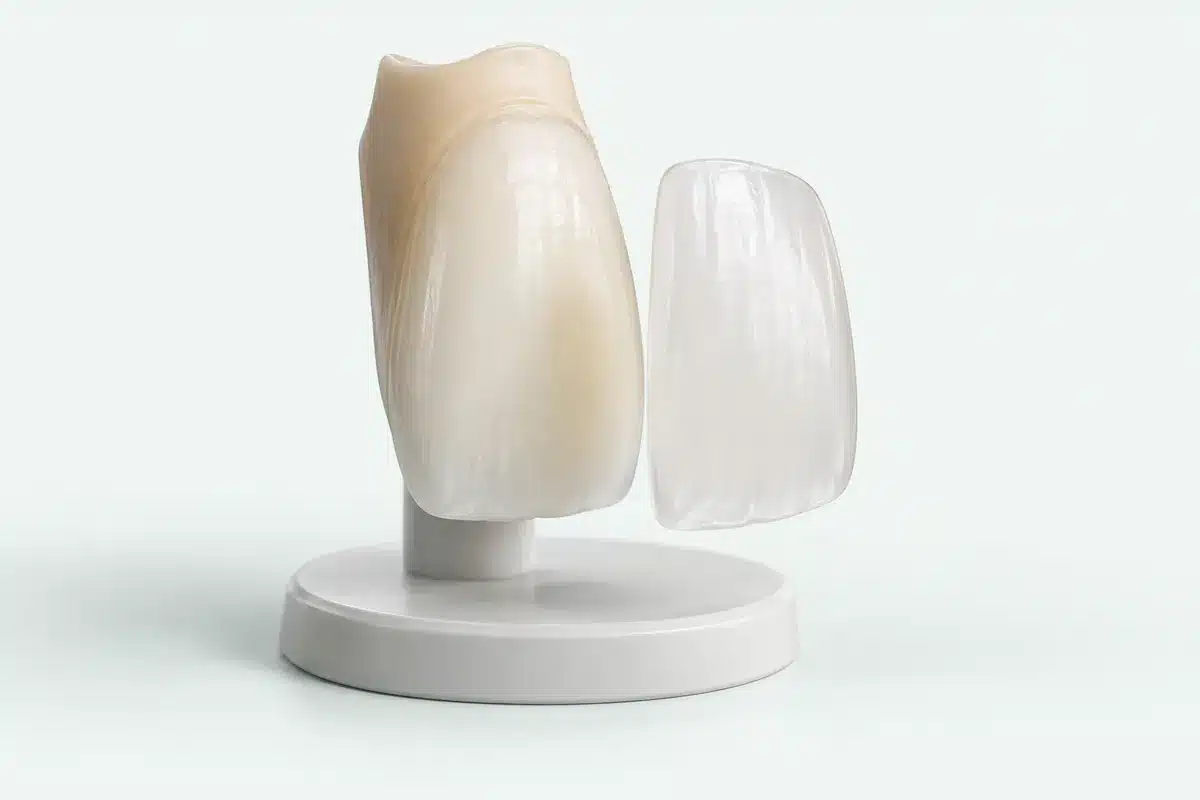 Fațetă ceramică subțire aliniată cu suprafața frontală a unui incisiv superior pe un model.