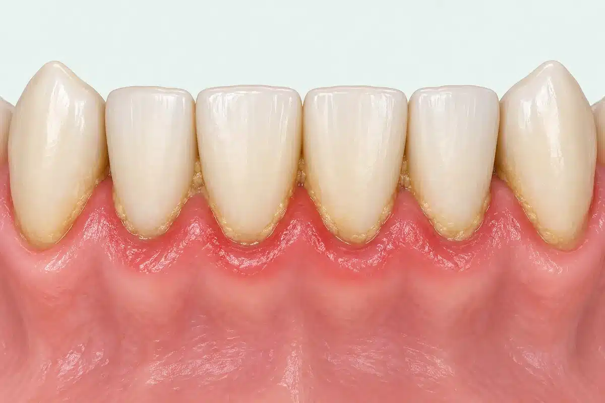 Model al dinților anteriori inferiori, cu depuneri la marginea gingiei și inflamație gingivală discretă.