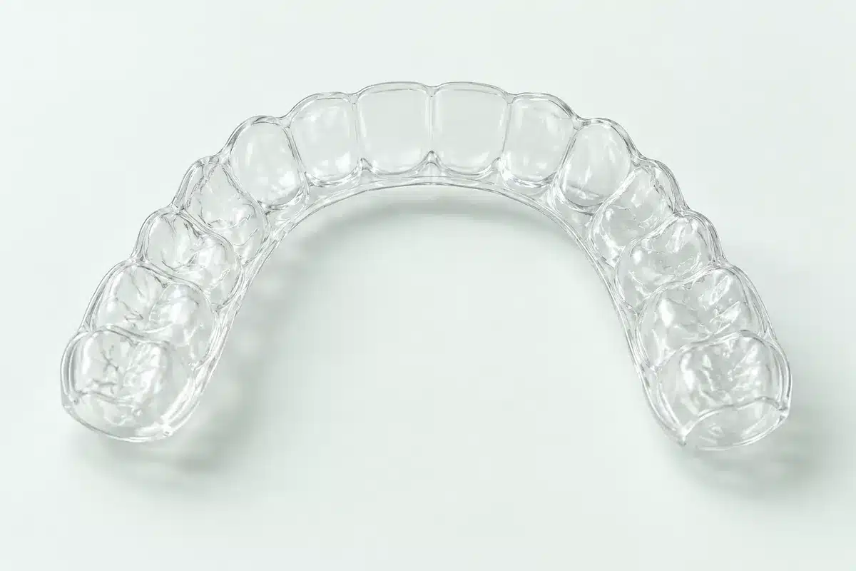 Gutieră transparentă de contenție, prezentată separat de modelul dentar.