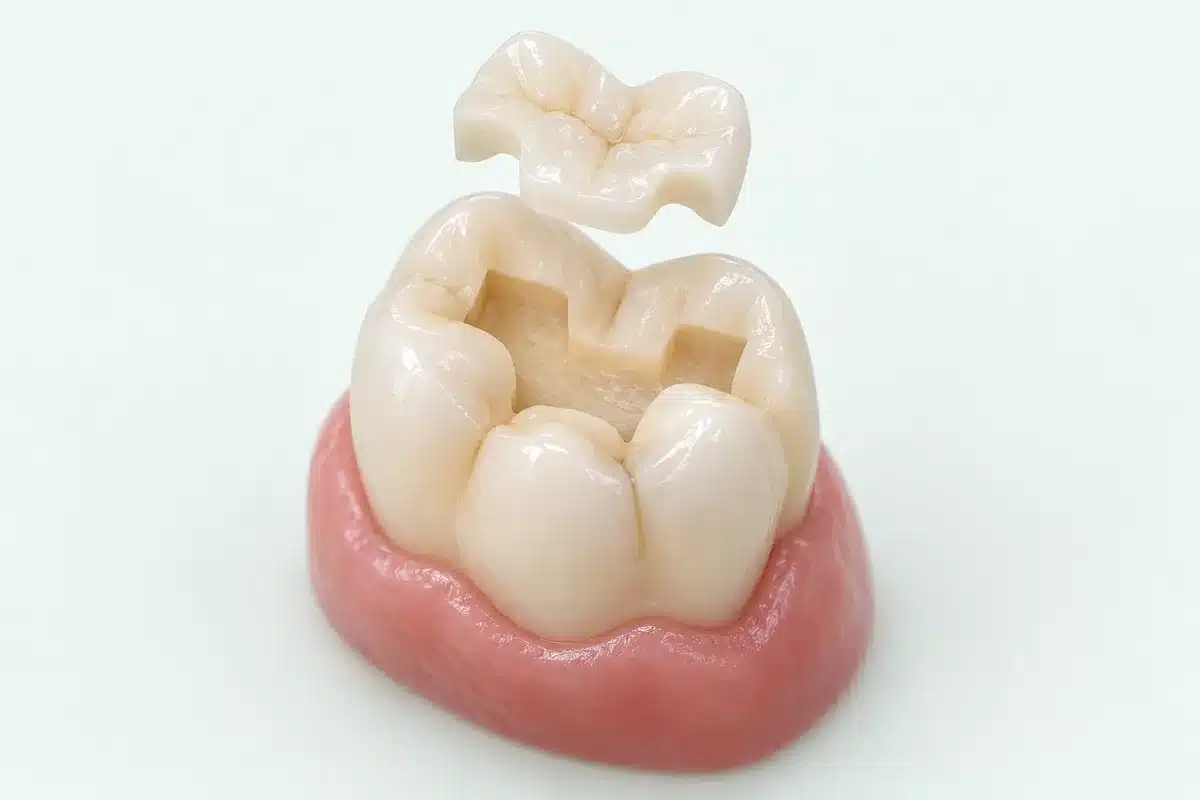 Incrustație ceramică aliniată deasupra unei cavități pregătite într-un molar.