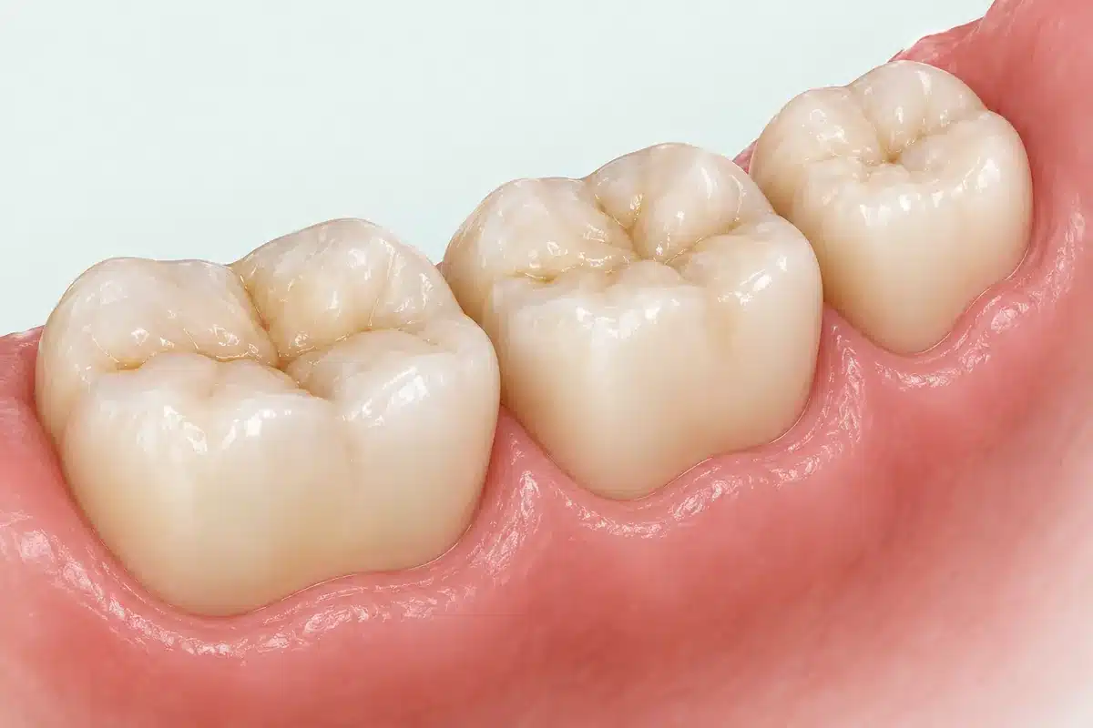 Model al celor trei molari inferiori, cu măseaua de minte eruptă în spatele celui de-al doilea molar.