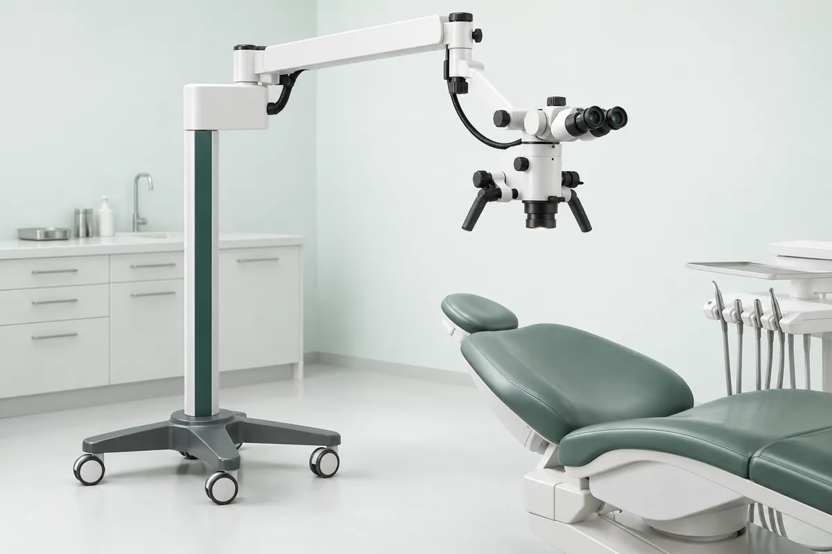 Ilustrație a unui microscop operator dentar cu sistem binocular și braț articulat.