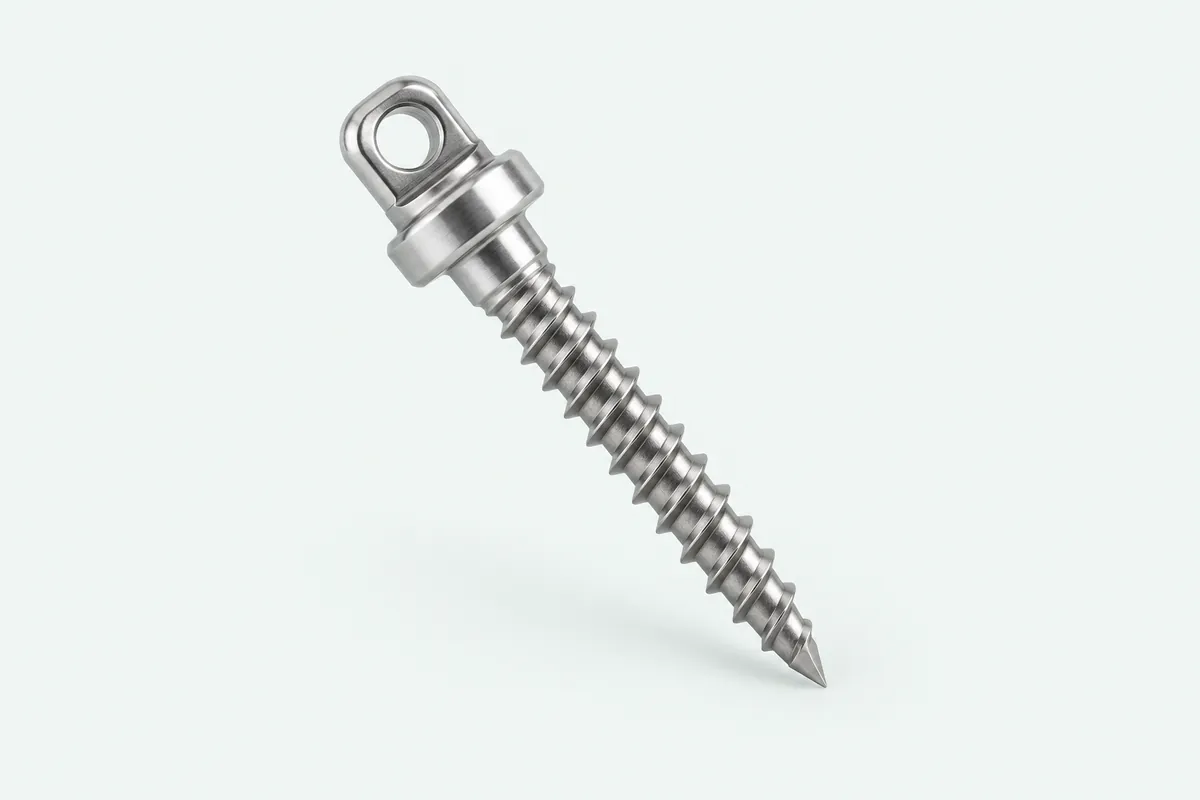 Miniimplant ortodontic pentru ancoraj temporar, cu cap de prindere, colet neted și corp filetat.