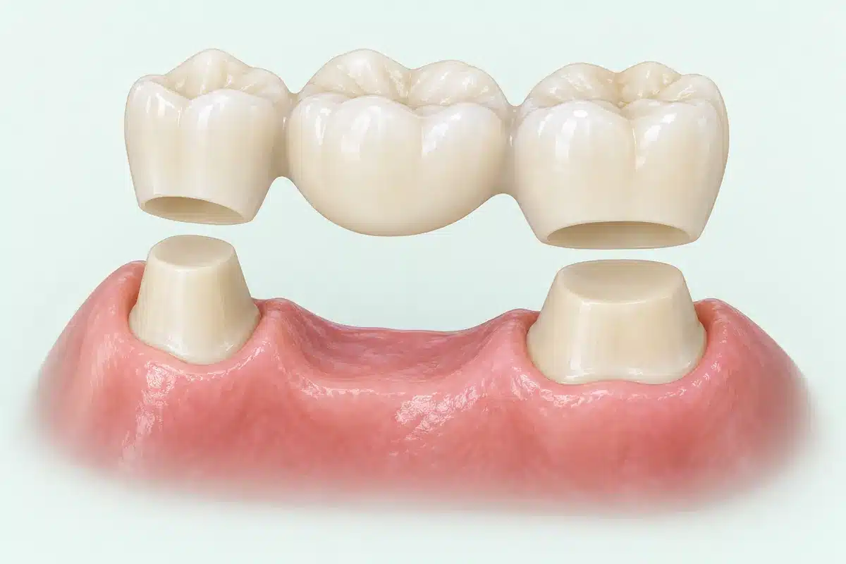 Model de laborator al unei punți dentare cu trei elemente, aliniată deasupra a doi dinți pregătiți.