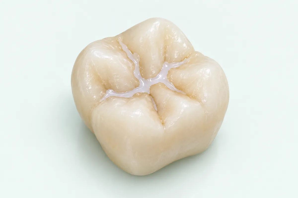 Model al suprafeței de masticație a unui molar cu material de sigilare în șanțuri.